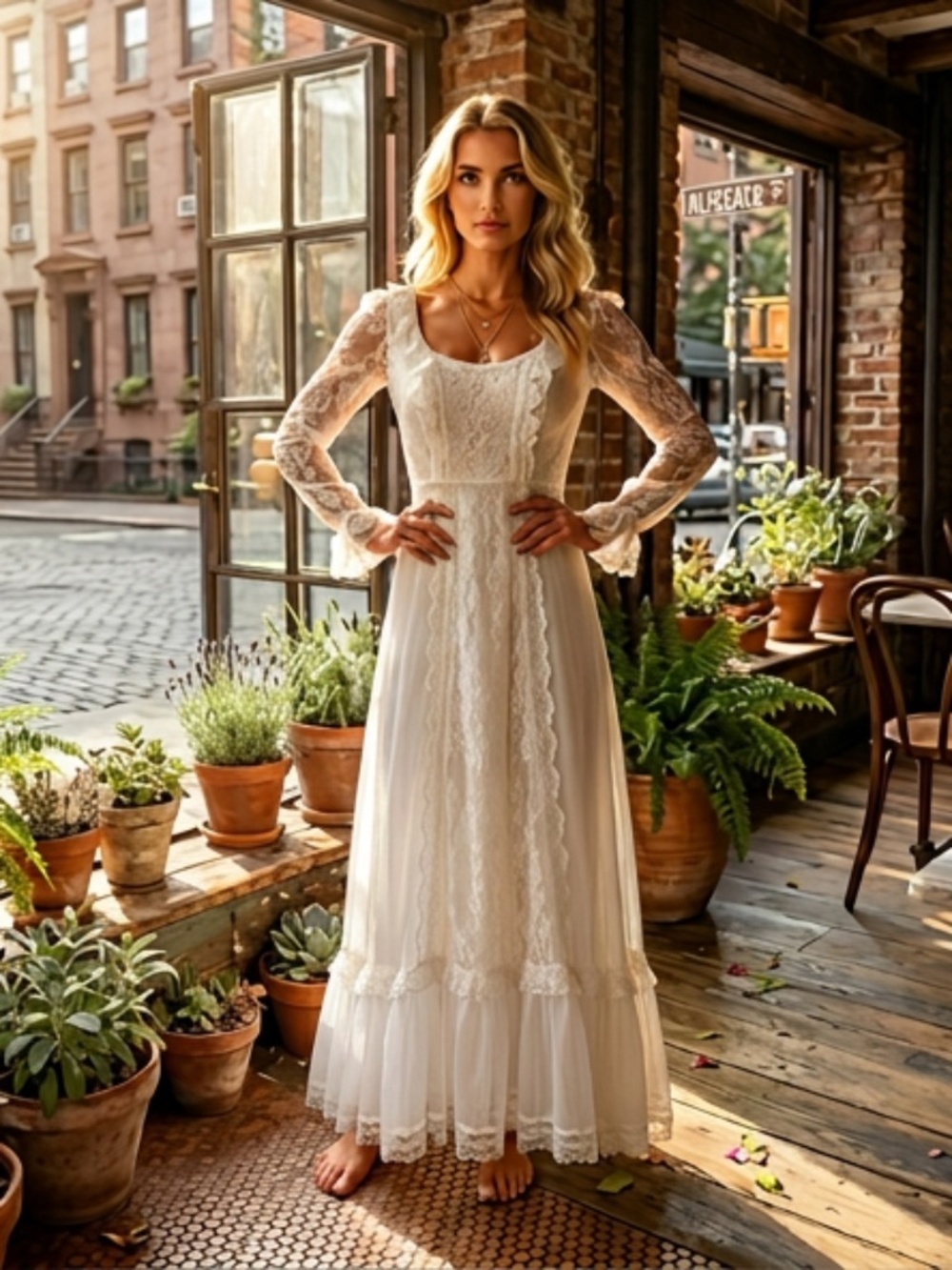 Vintage Organza Ruffle Lace Layered Ivory White Bishop Long Sleeve Wedding Dress